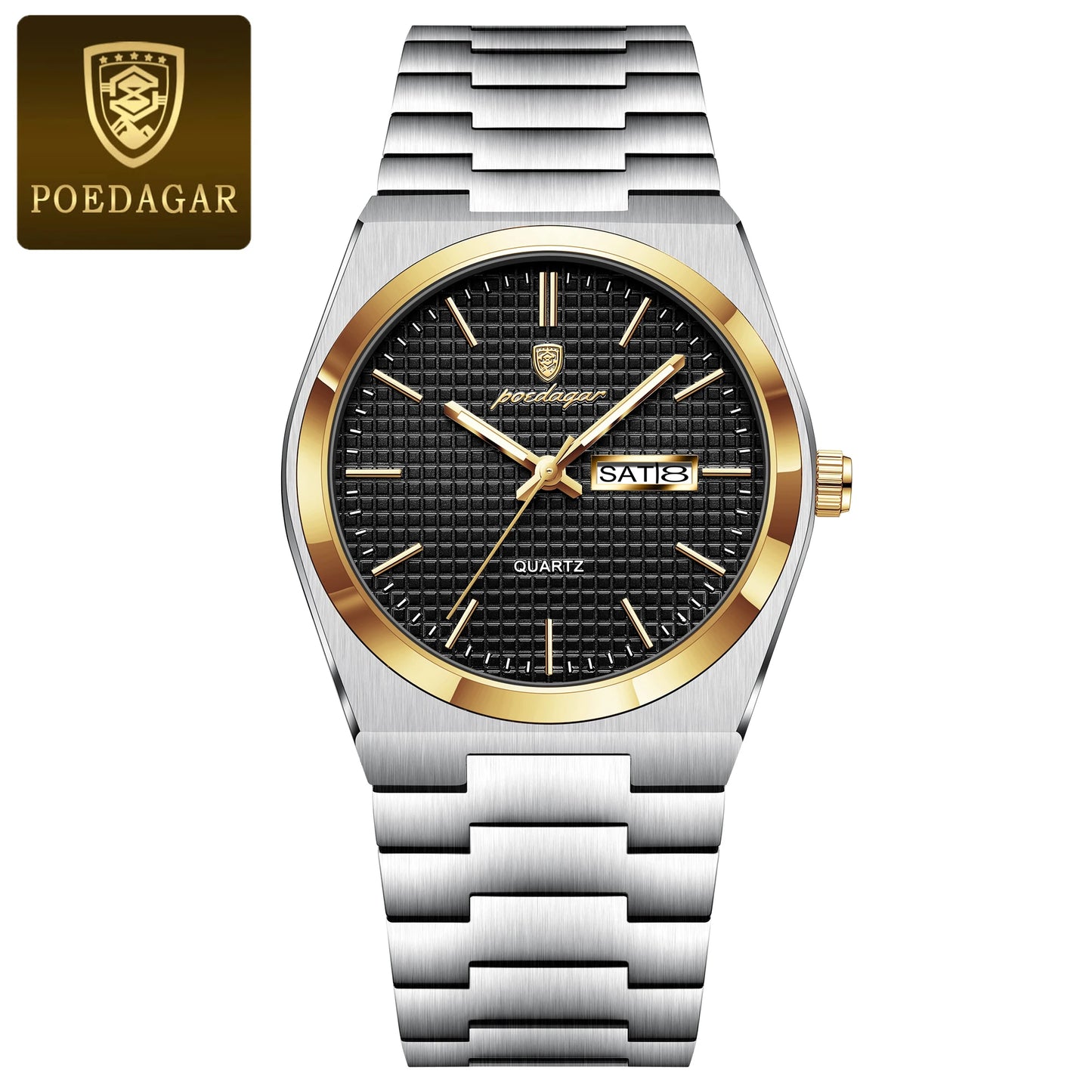 Full Calendar Stainless Steel Watch – Luminous Dial with Date, Week & Hidden Clasp