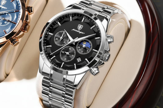 Chronograph Date Watch – Luminous Numberless Dial with Bracelet Clasp