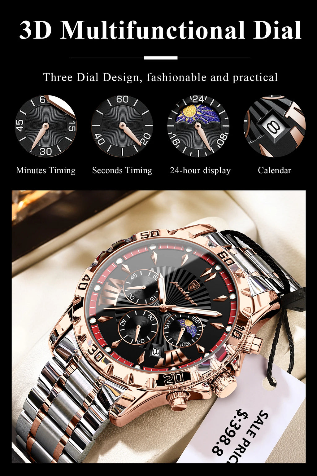 Luxury Chronograph Watch – Sapphire Crystal with Numberless Dial & Hidden Clasp
