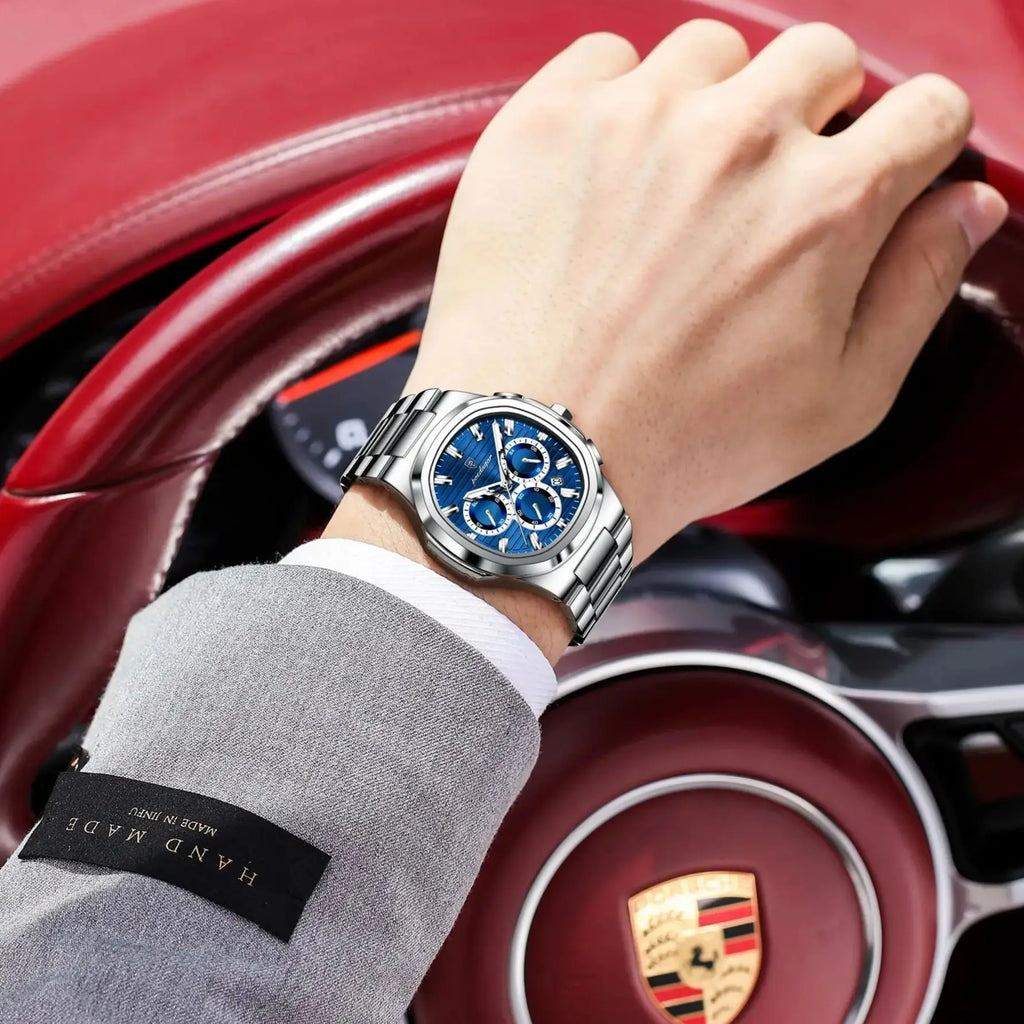 Square Chronograph Watch – Luxe Leather Strap with Luminous Dial & Date