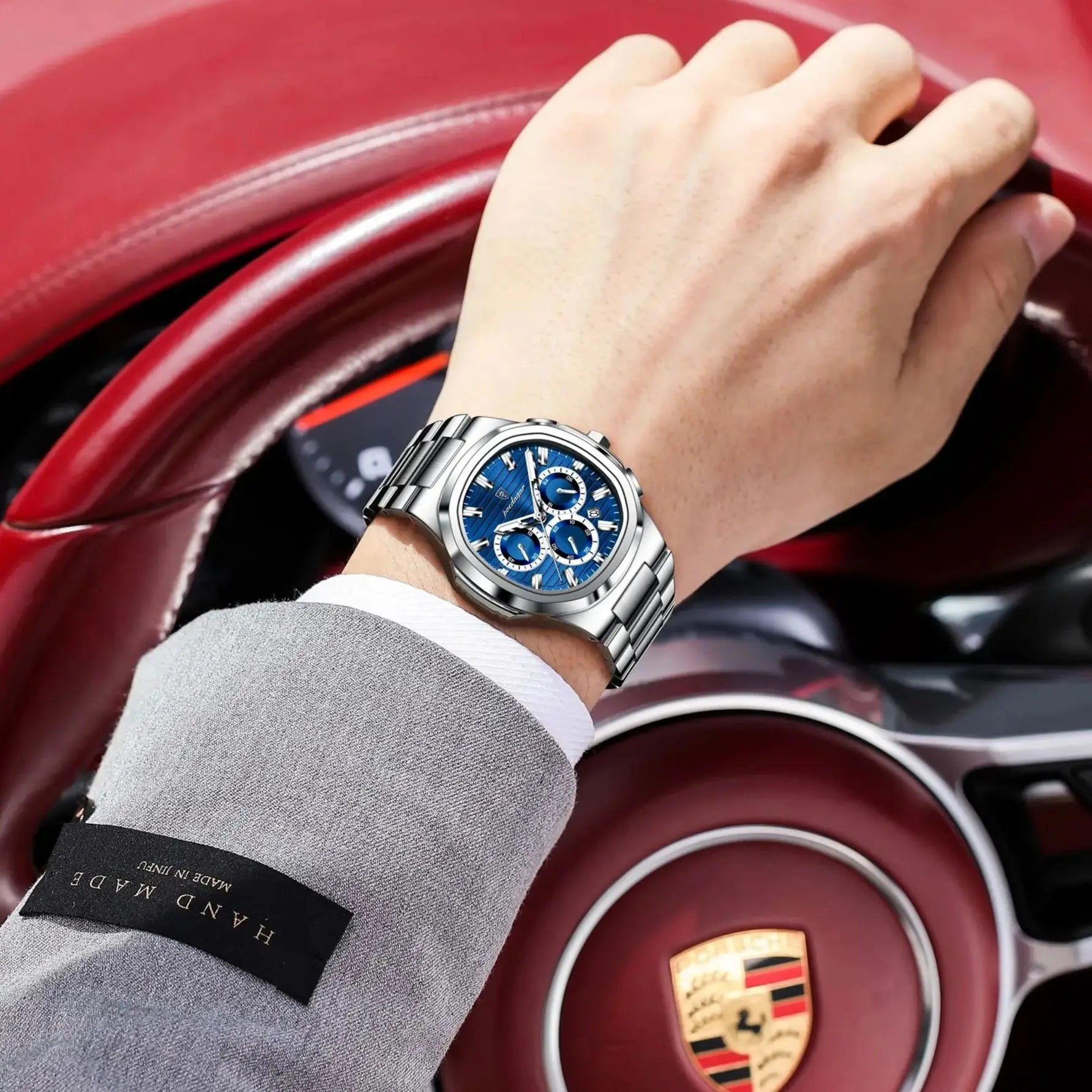 Square Chronograph Watch – Luxe Leather Strap with Luminous Dial & Date