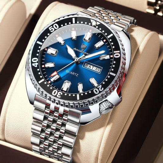 Large Full Calendar Watch – Luminous Numberless Dial with Hidden Clasp Bracelet