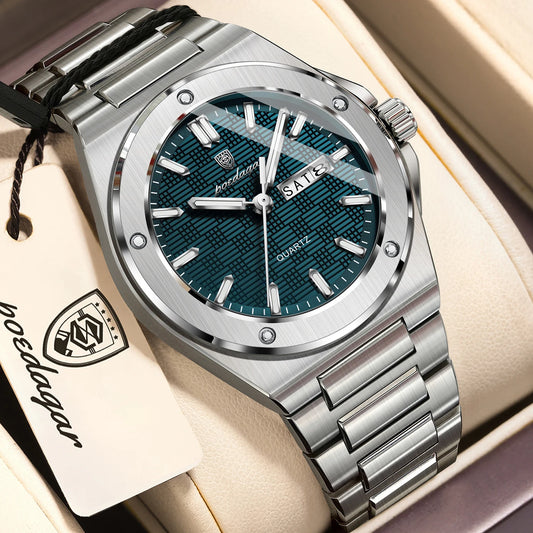 Full Calendar Business Watch – Luminous Stainless Steel with Hidden Clasp Bracelet