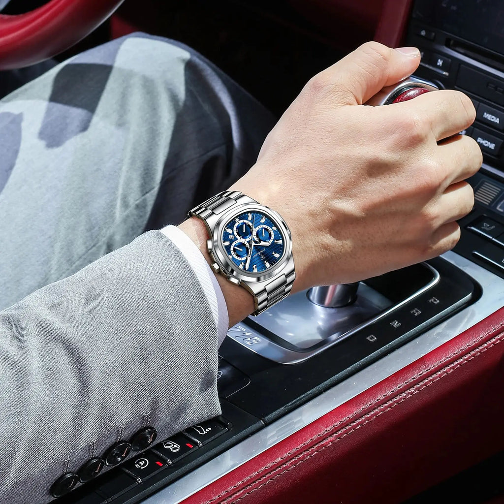 Square Chronograph Watch – Luxe Leather Strap with Luminous Dial & Date