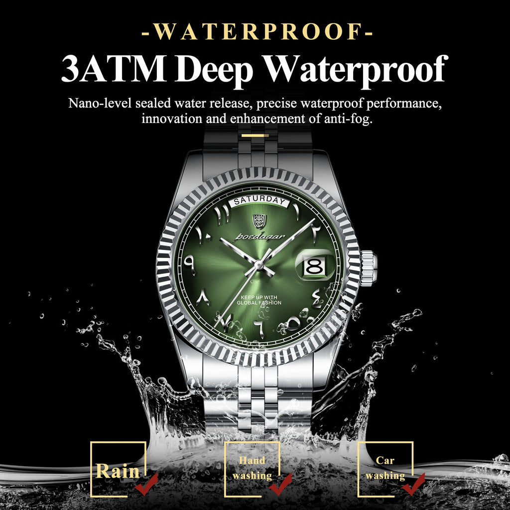 Full Calendar Slim Watch – Date & Week Display with Hidden Clasp Bracelet