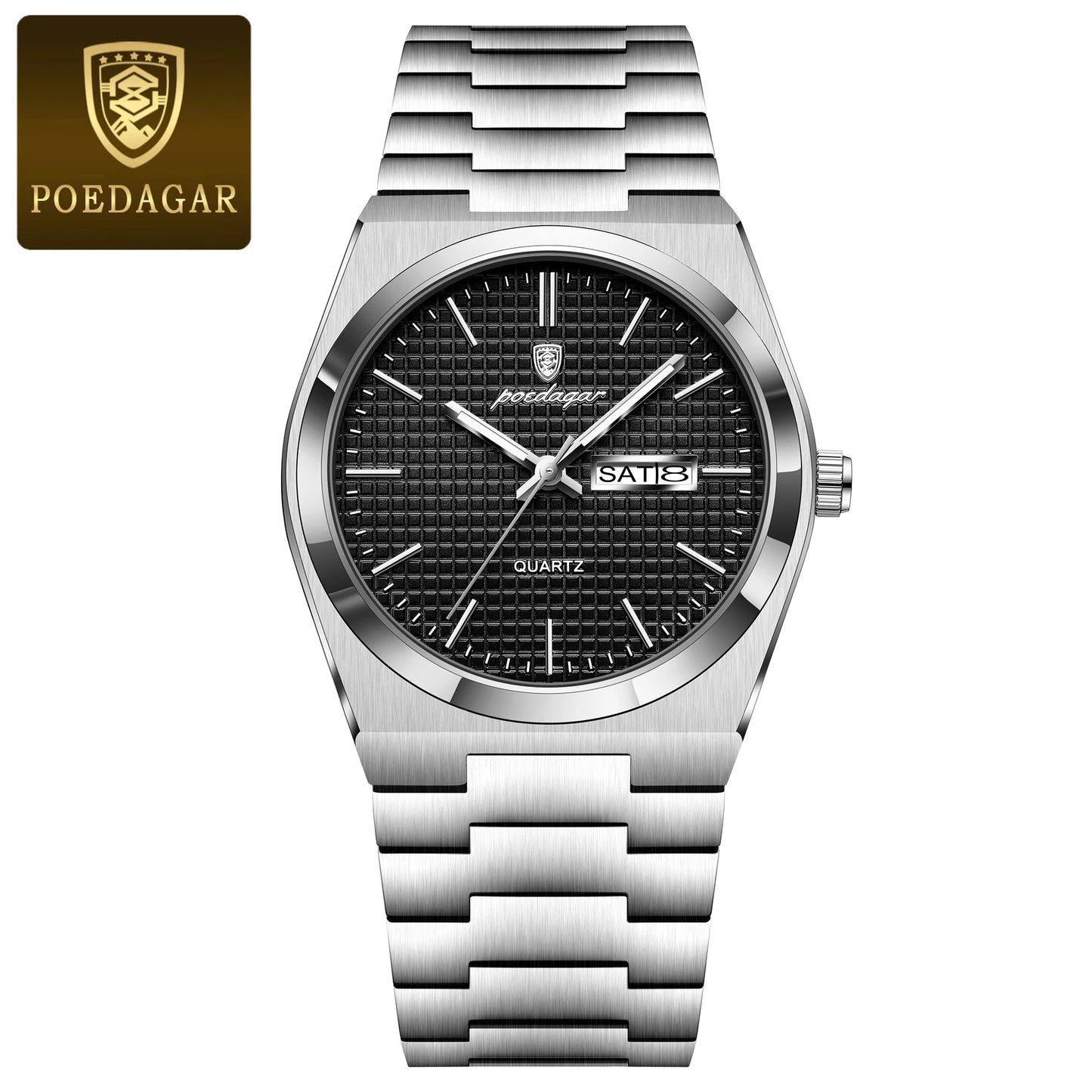 Full Calendar Stainless Steel Watch – Luminous Dial with Date, Week & Hidden Clasp