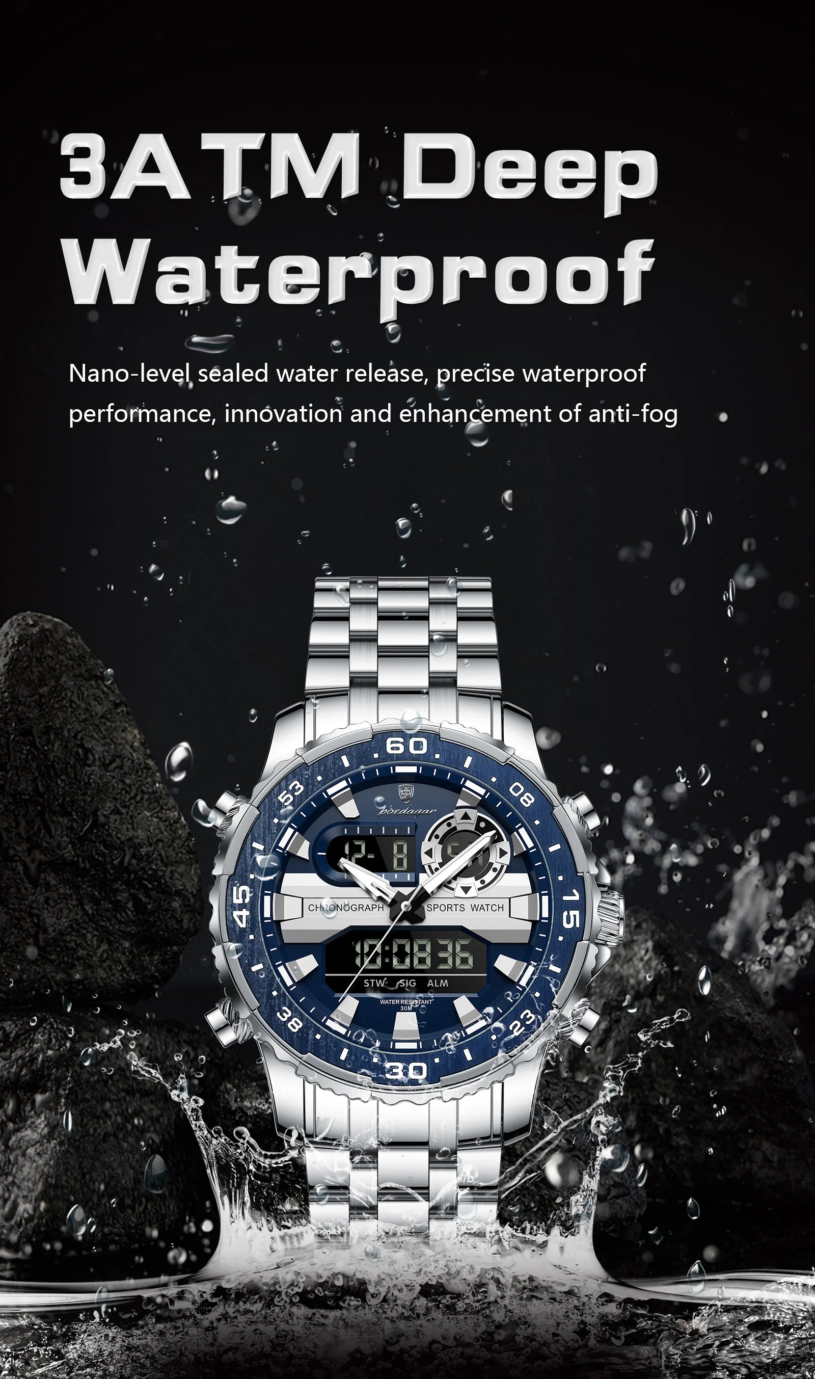 Square Chronograph Watch – Large Numberless Dial with Hidden Clasp Bracelet