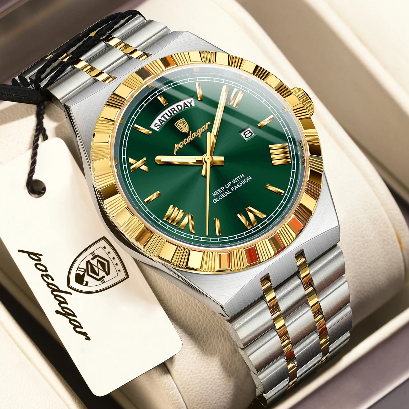 Luxury Business Chronograph – Day, Date, Luminous Dial, Steel Bracelet