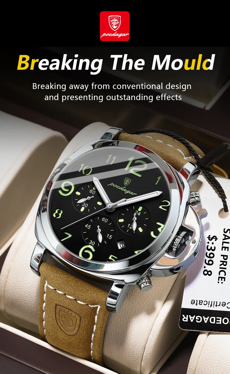Military Style Chronograph Watch – Luminous Leather Strap with Date