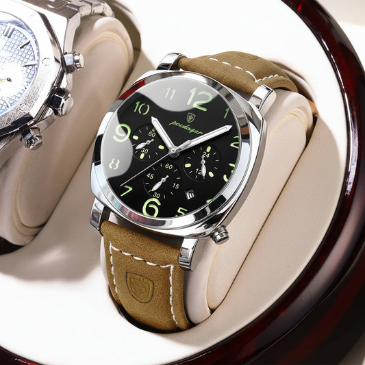 Chronograph Leather Watch – Bold Arabic Dial with Date & Luminous Hands