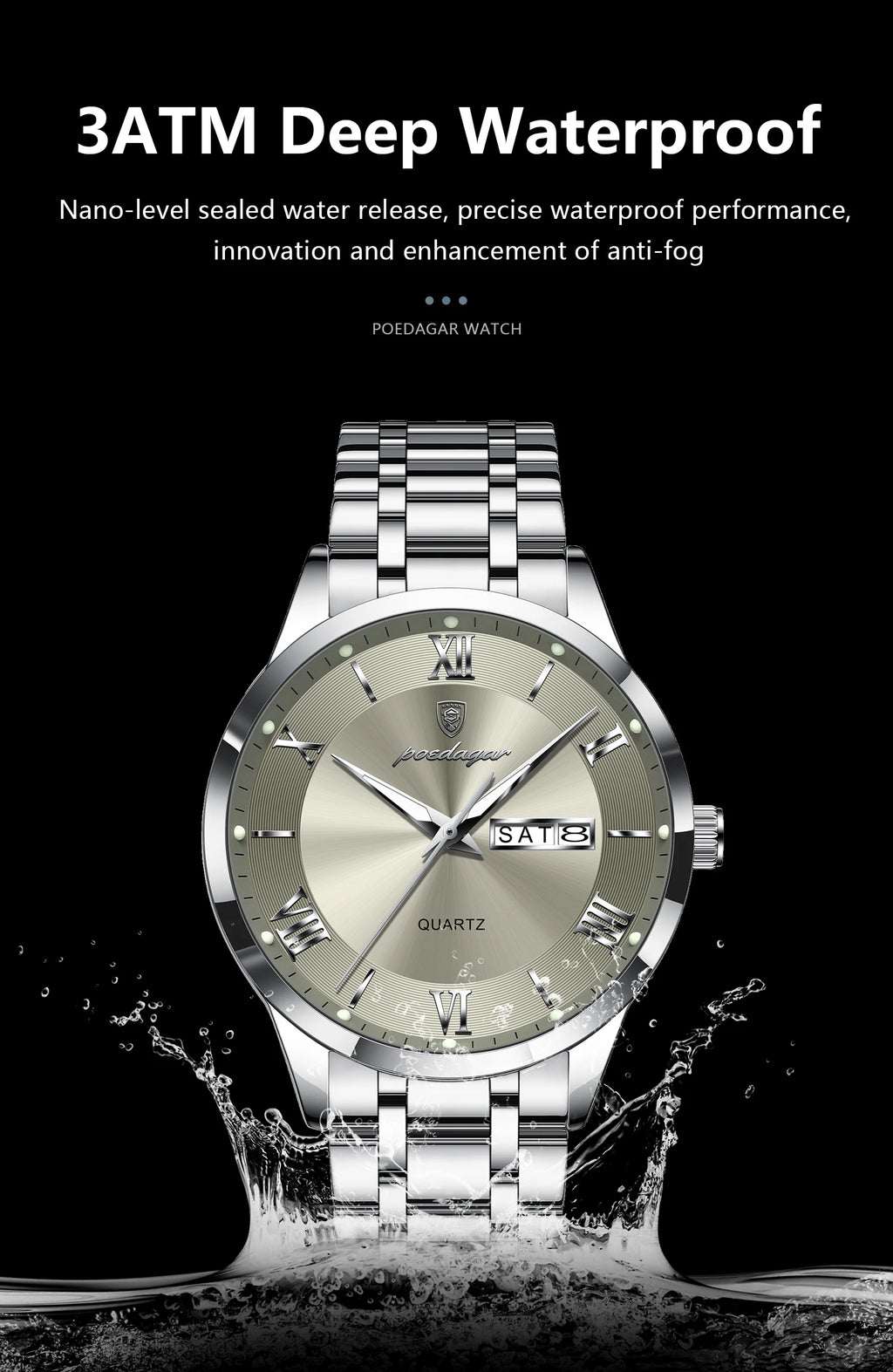 Roman Numeral Full Calendar Watch – Luminous Dial with Hidden Clasp Bracelet
