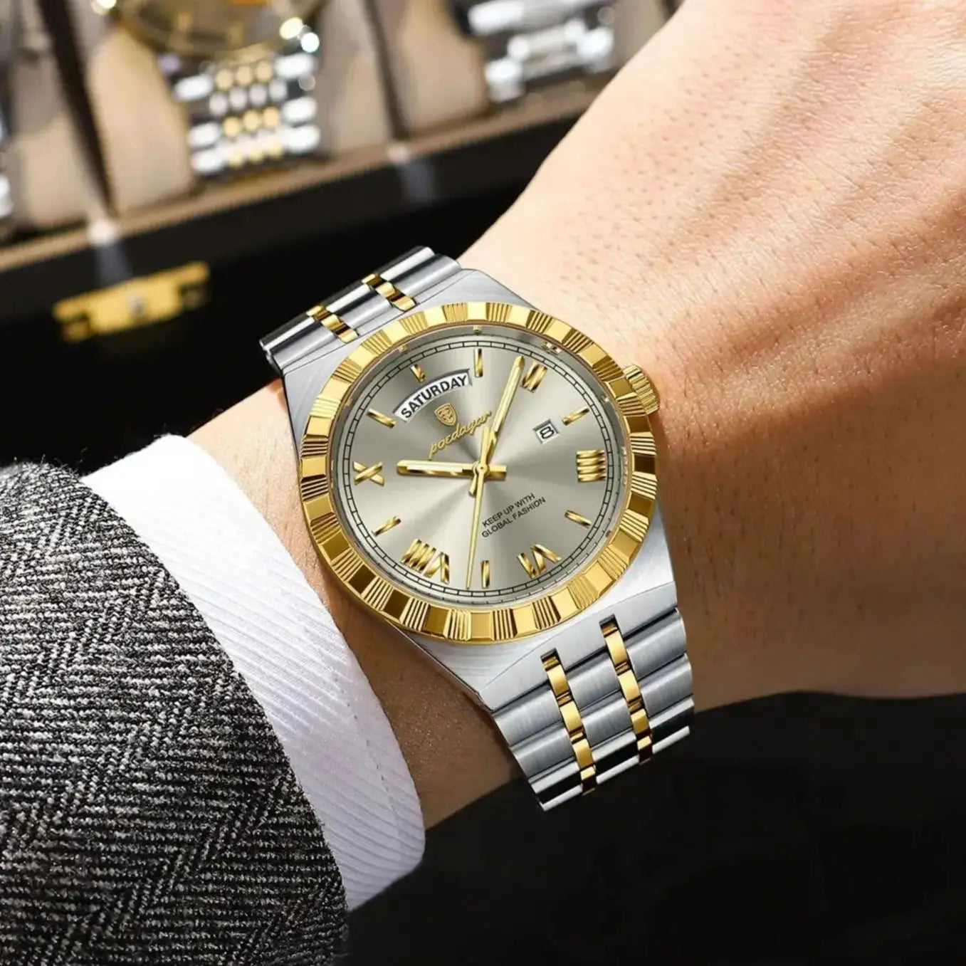 Luxury Business Chronograph – Day, Date, Luminous Dial, Steel Bracelet
