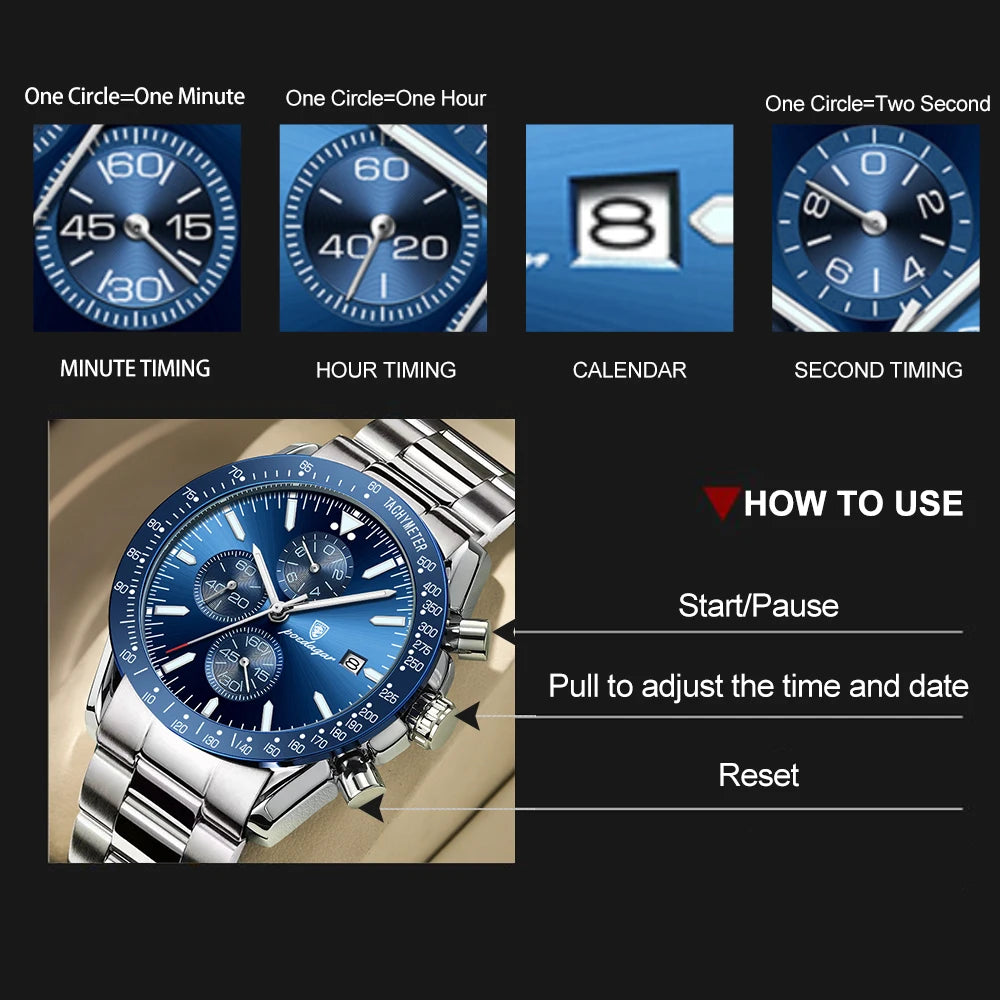 Dress Chronograph Watch – Luminous Dial with Safety Clasp Bracelet