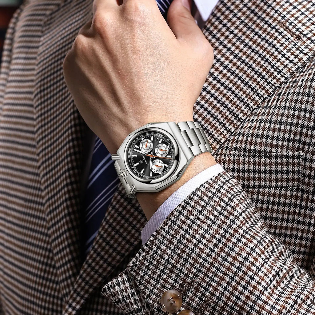 Irregular Chronograph Watch – Bold Numberless Dial with Hidden Clasp Bracelet
