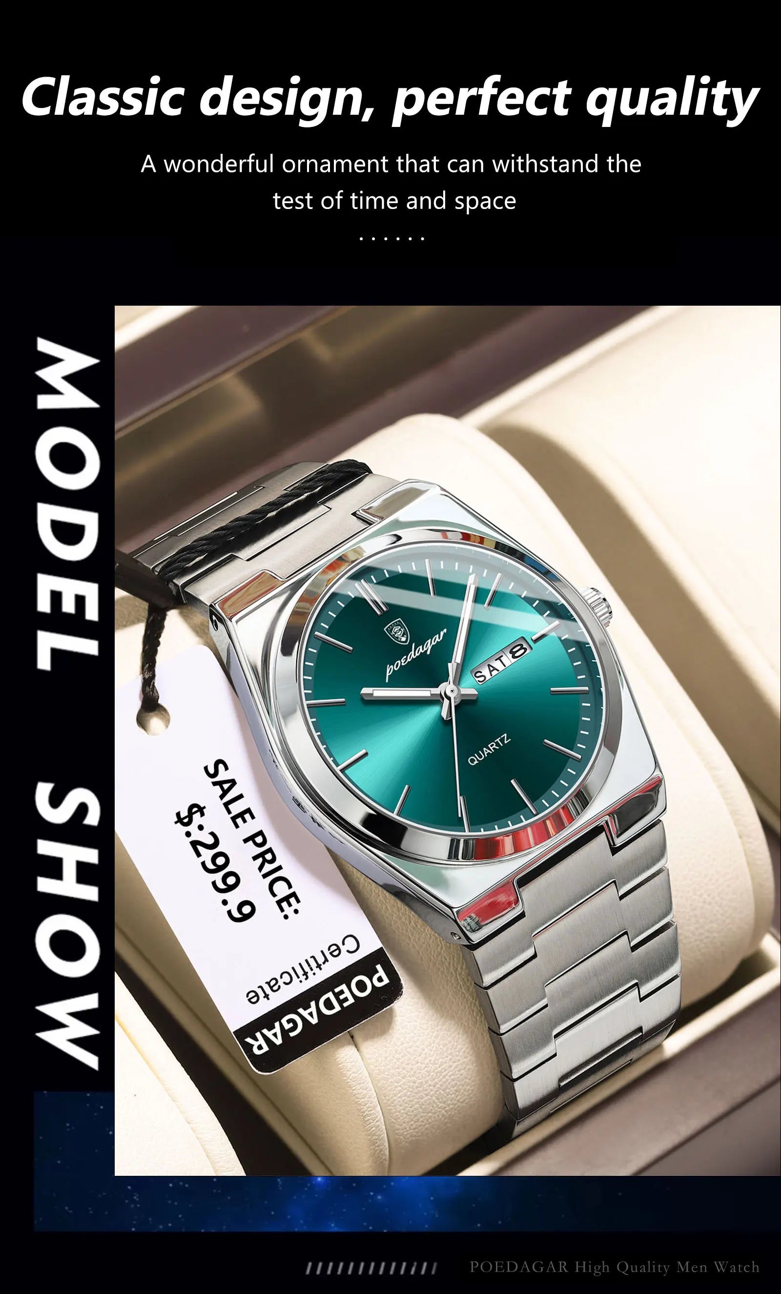 Full Calendar Sport Watch – Luminous Dial with Hidden Clasp Bracelet