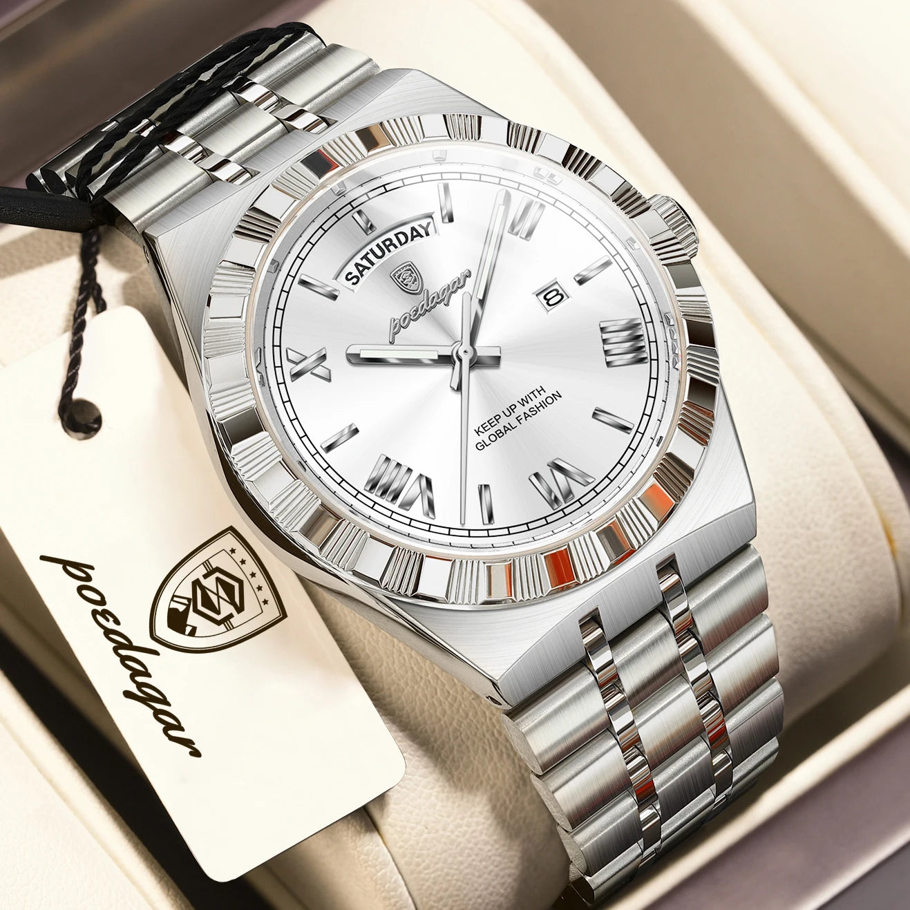 Luxury Business Chronograph – Day, Date, Luminous Dial, Steel Bracelet