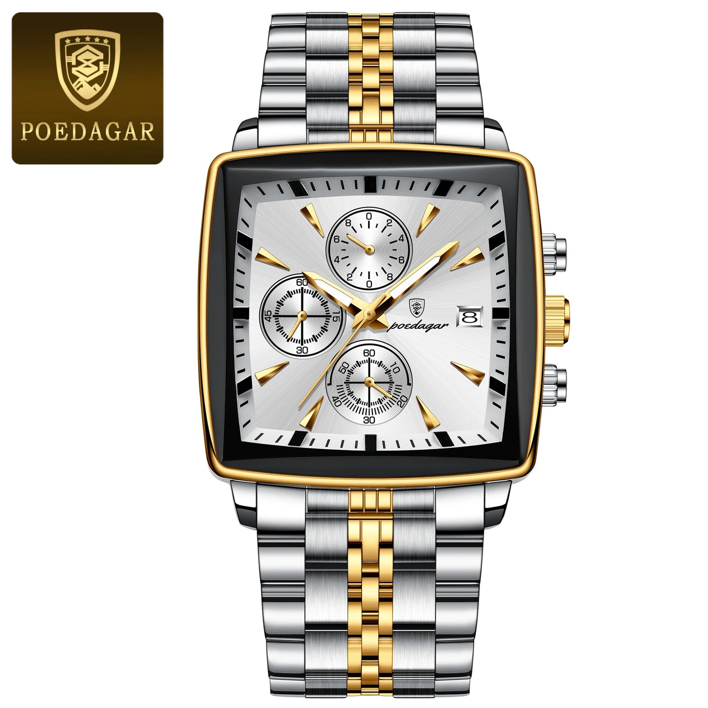 Square Chronograph Watch – Bold Numberless Dial with Hidden Clasp Bracelet