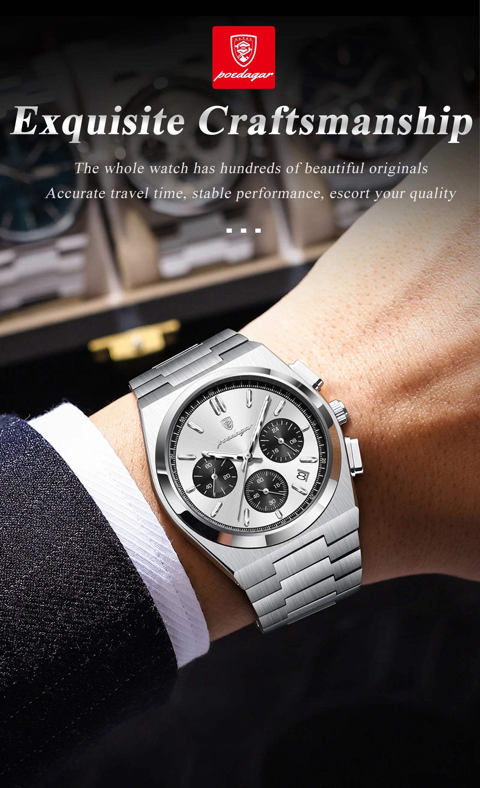 Chronograph Watch – Luminous Numberless Dial with Hidden Clasp
