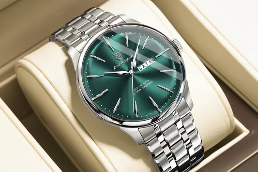 Full Calendar Stainless Steel Watch – Date & Week Display with Hidden Clasp