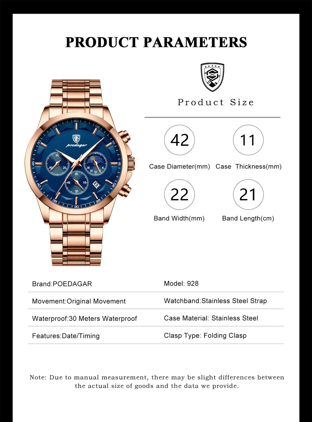 Moon Phase Full Calendar Watch – Luminous Dial with Stainless Steel Bracelet