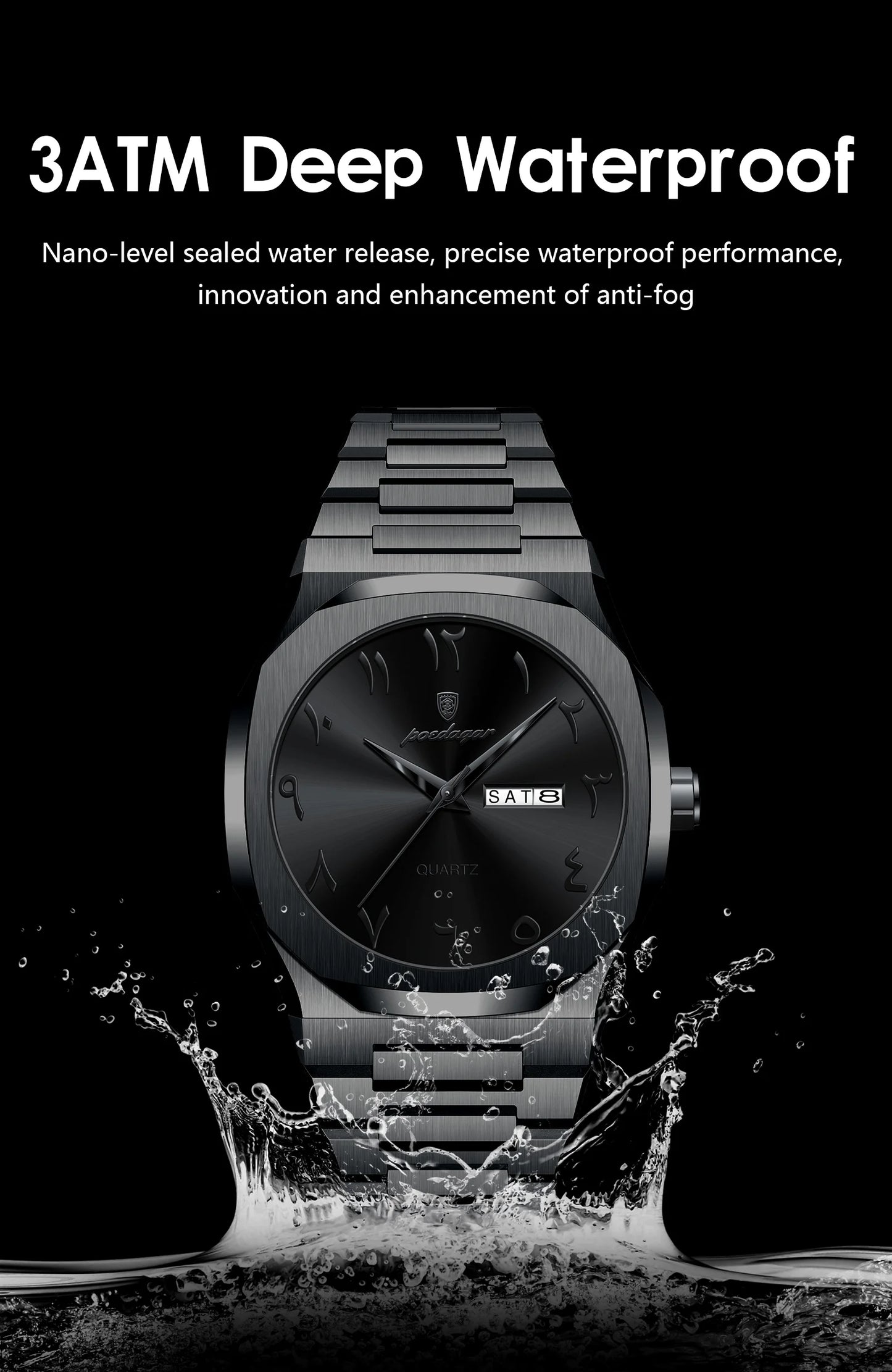 Irregular Shape Stainless Steel Watch – Full Calendar with Date & Week Display