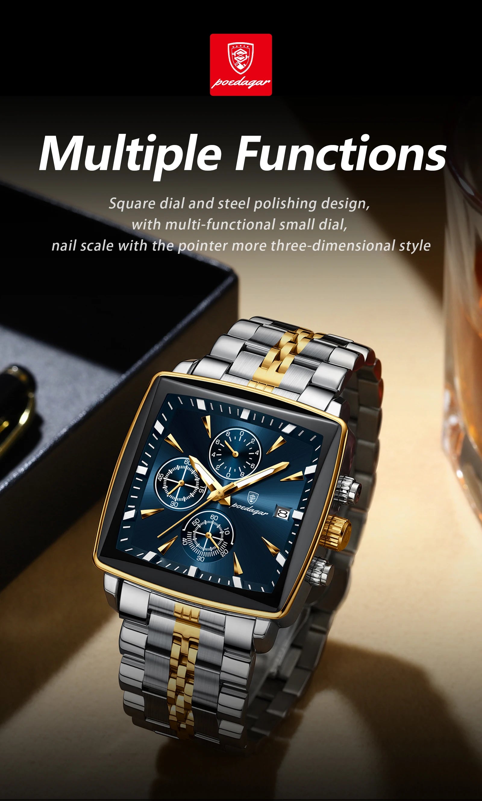 Square Chronograph Watch – Numberless Dial with Hidden Clasp Bracelet
