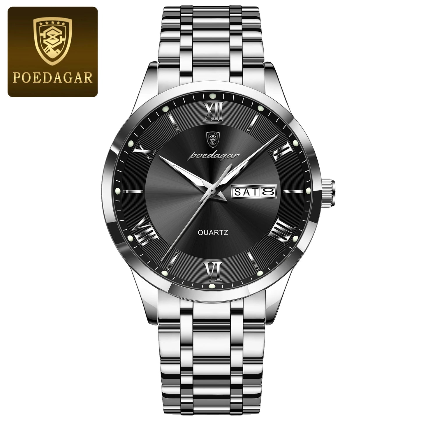 Roman Numeral Full Calendar Watch – Luminous Dial with Date, Week & Hidden Clasp