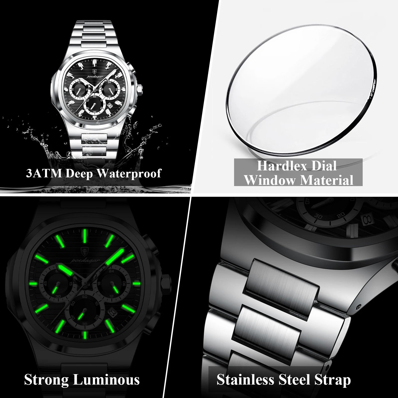 Square Chronograph Watch – Large Numberless Dial with Hidden Clasp Bracelet