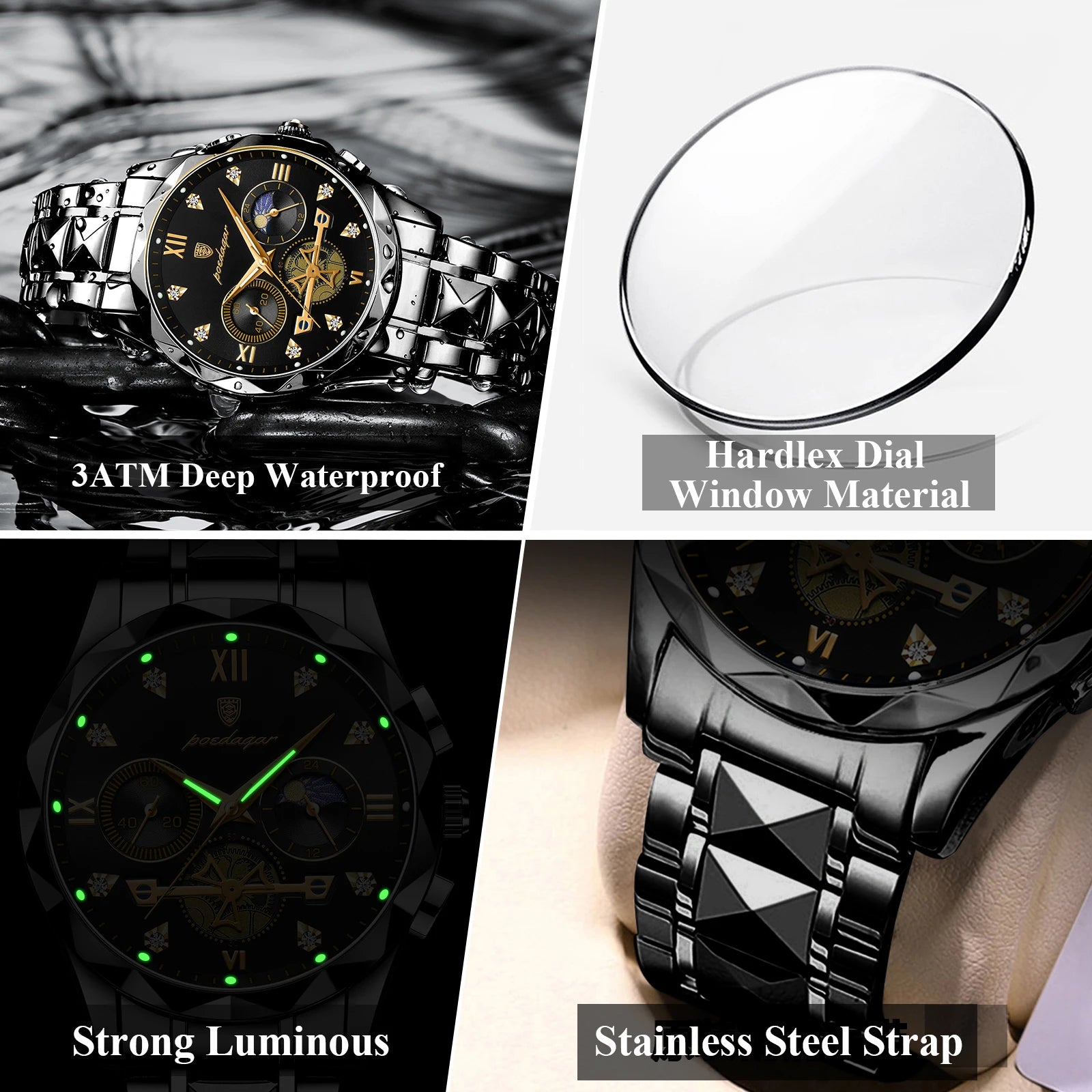 Round Chronograph Watch – Roman Numeral Dial with Hidden Clasp Bracelet