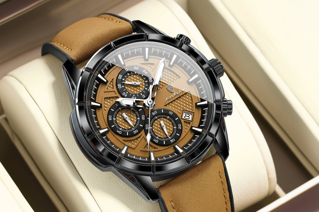 Large Chronograph Watch – Arabic Dial with Leather Strap & Date