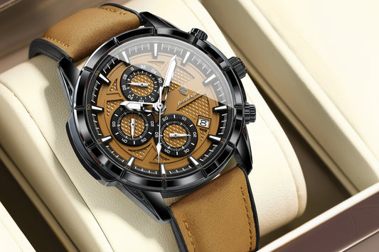 Large Chronograph Watch – Arabic Dial with Leather Strap & Date