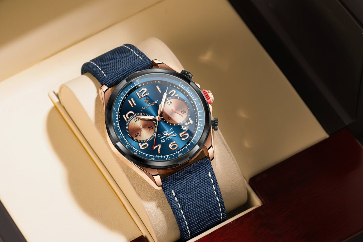 Chronograph Watch with Nylon Strap – Complete Calendar & Luminous Arabic Dial