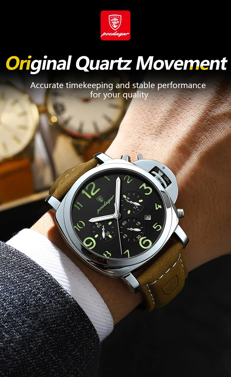 Military Style Chronograph Watch – Luminous Leather Strap with Date
