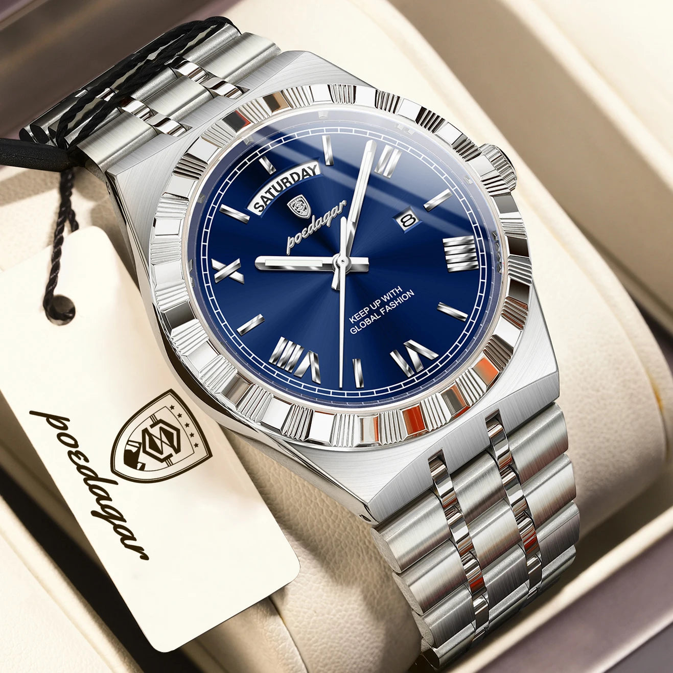 Luxury Business Chronograph – Day, Date, Luminous Dial, Steel Bracelet