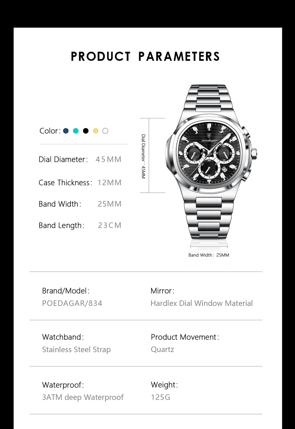 Square Chronograph Watch – Large Numberless Dial with Hidden Clasp Bracelet