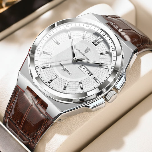 Full Calendar Leather Watch – Luminous Dial with Date & Week Display