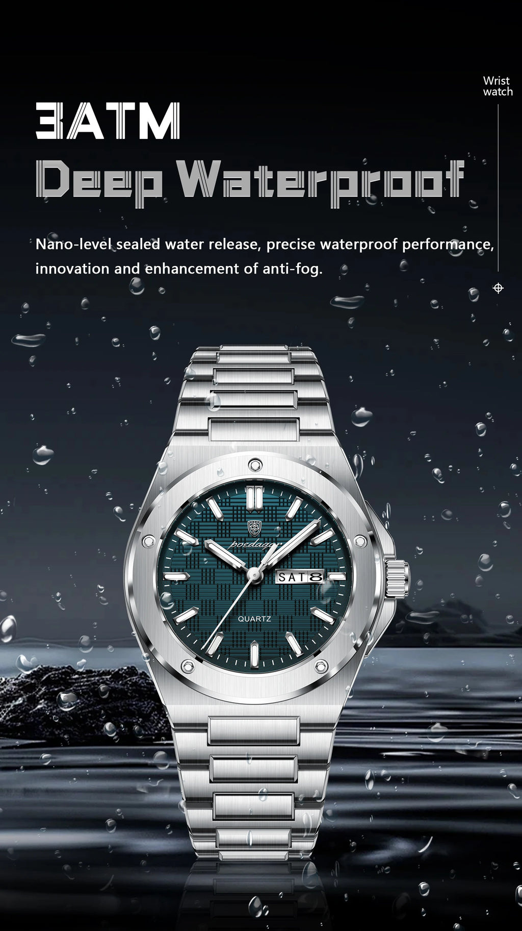 Full Calendar Business Watch – Luminous Stainless Steel with Hidden Clasp Bracelet