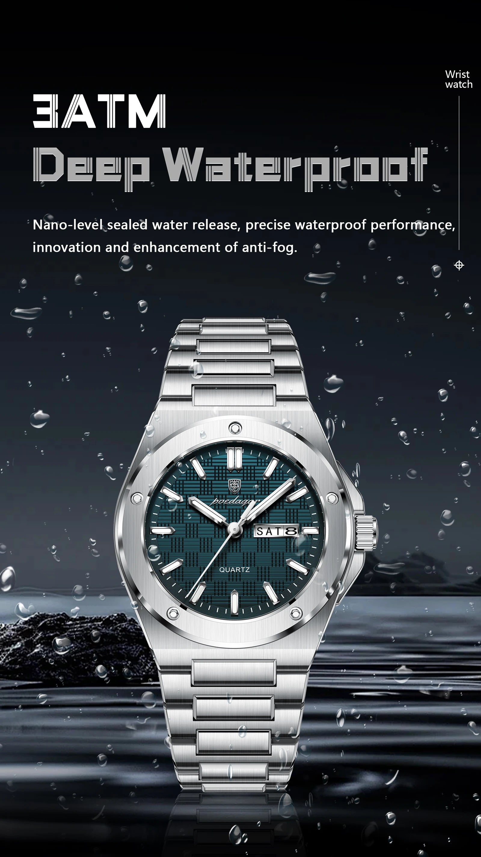 Full Calendar Business Watch – Luminous Stainless Steel with Hidden Clasp Bracelet