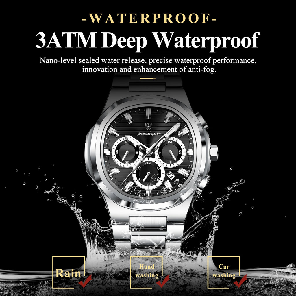 Square Chronograph Watch – Large Numberless Dial with Hidden Clasp Bracelet