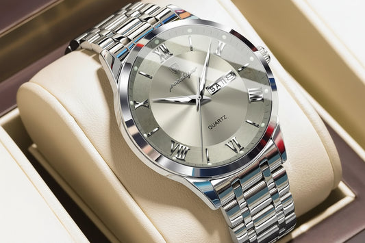 Roman Numeral Full Calendar Watch – Luminous Dial with Hidden Clasp Bracelet