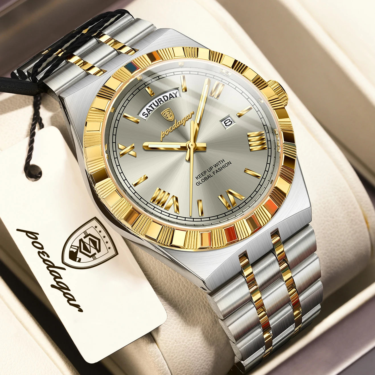Luxury Business Chronograph – Day, Date, Luminous Dial, Steel Bracelet