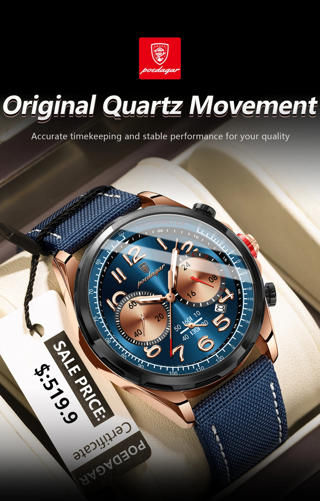 Chronograph Watch with Nylon Strap – Complete Calendar & Luminous Arabic Dial