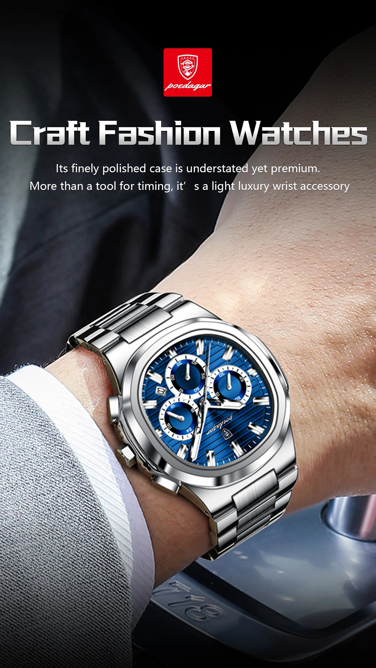 Square Chronograph Watch – Luxe Leather Strap with Luminous Dial & Date