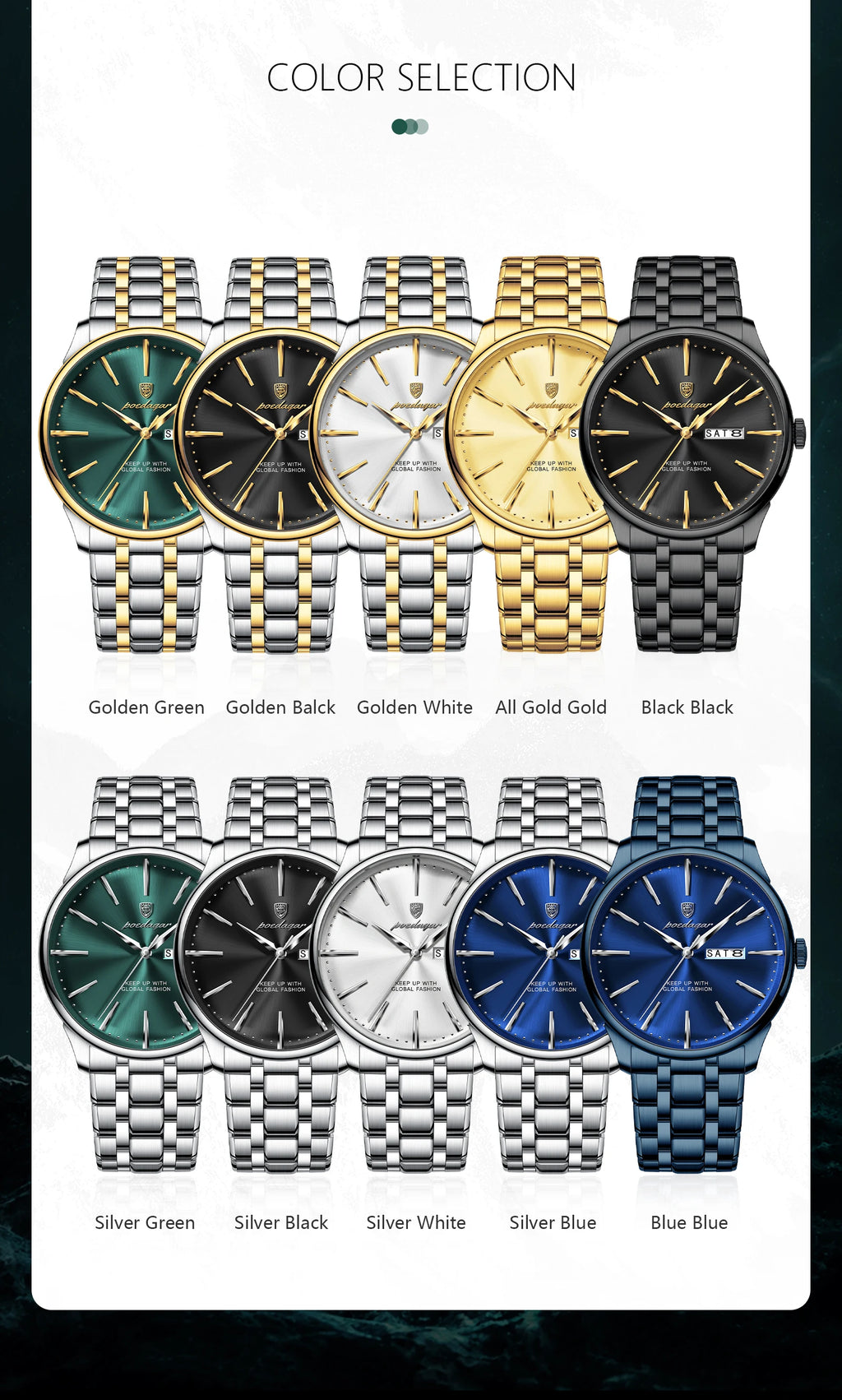 Full Calendar Stainless Steel Watch – Date & Week Display with Hidden Clasp