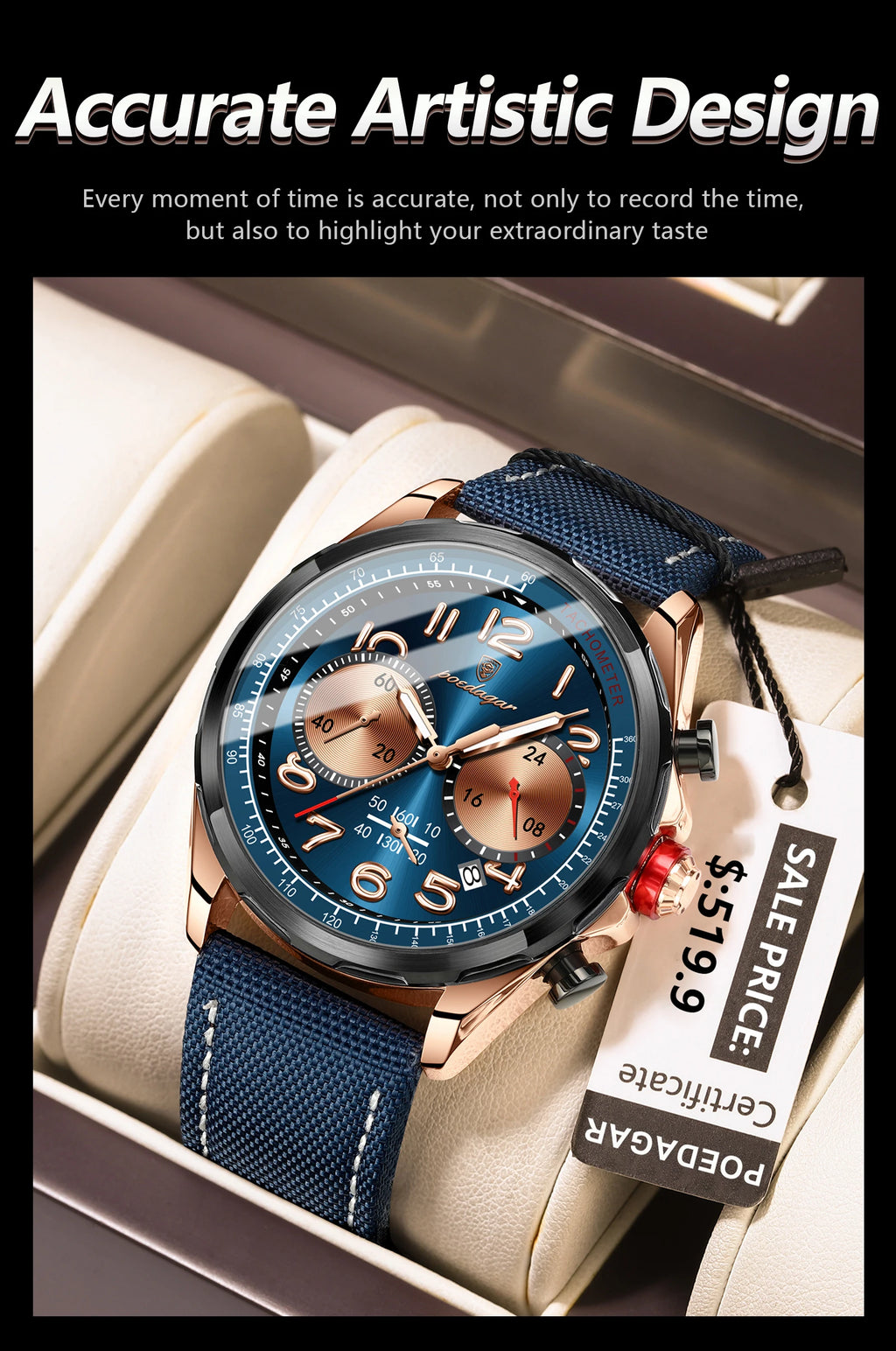 Chronograph Watch with Nylon Strap – Complete Calendar & Luminous Arabic Dial
