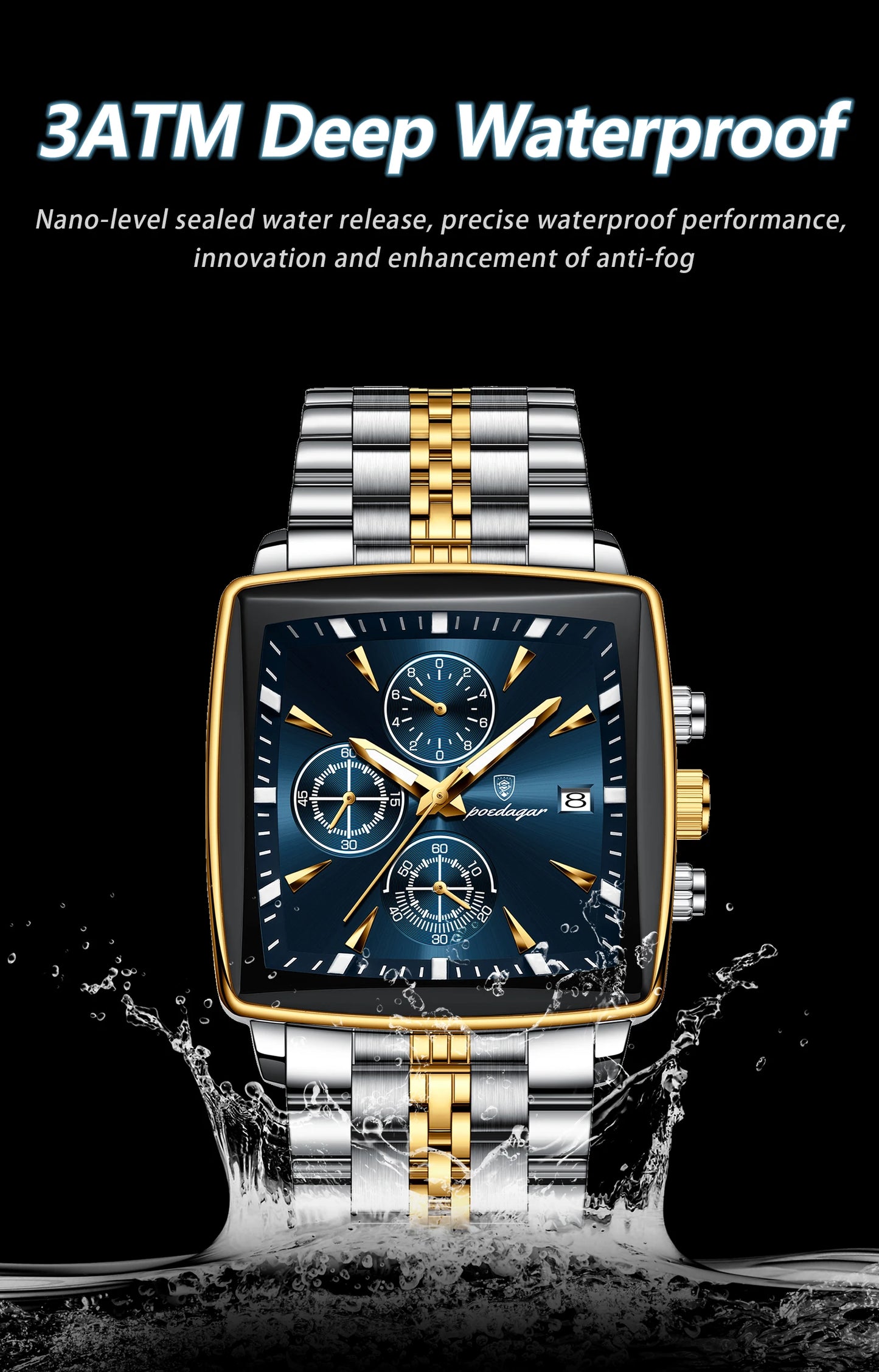 Square Chronograph Watch – Bold Numberless Dial with Hidden Clasp Bracelet