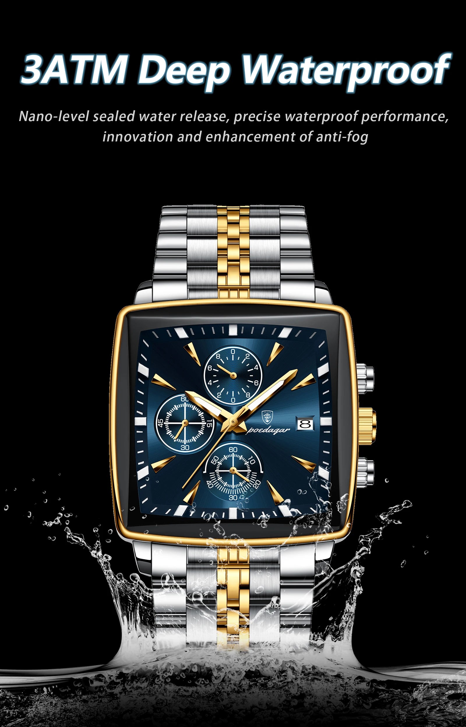 Square Chronograph Watch – Numberless Dial with Hidden Clasp Bracelet